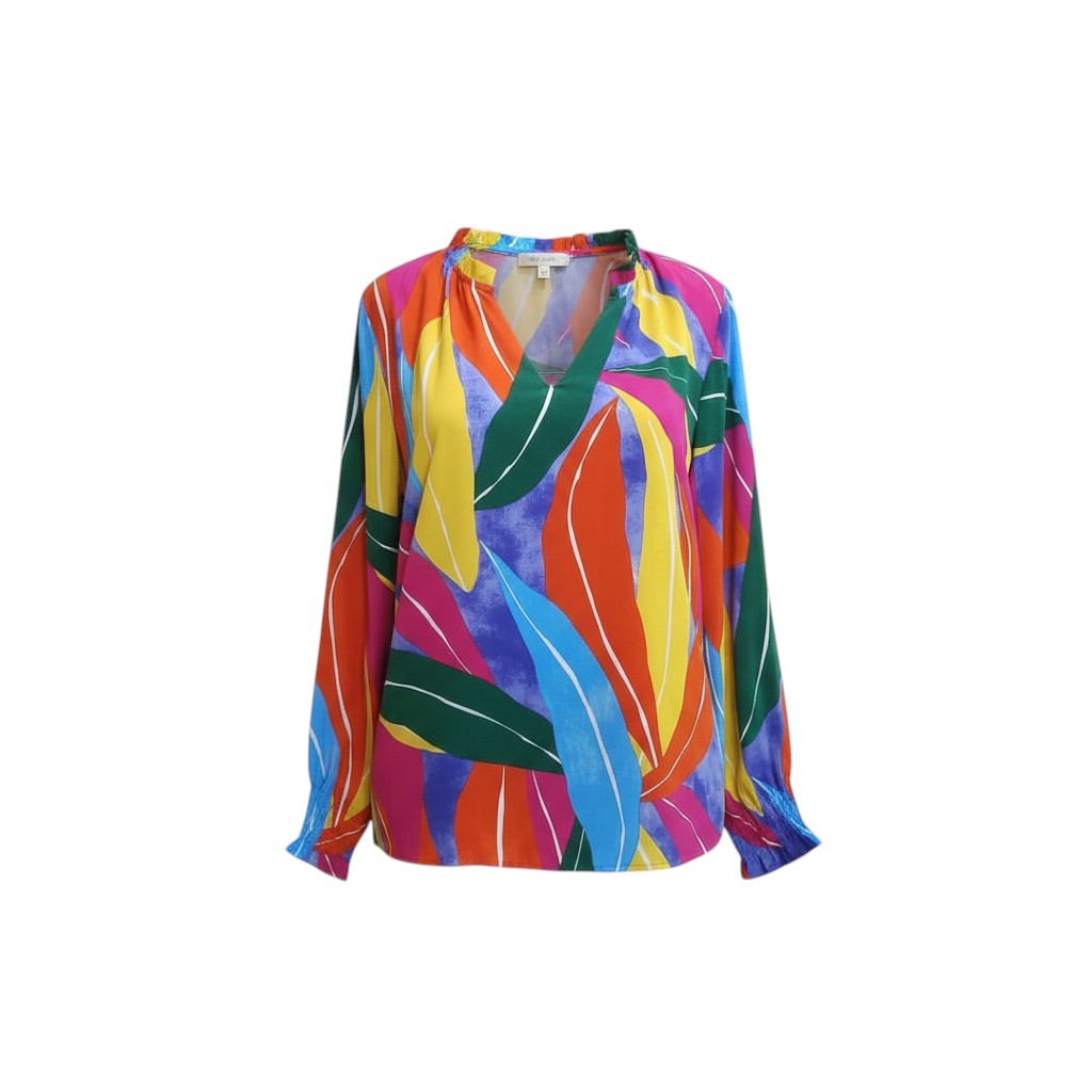 Paradise Plumage Abstract V-Neck Top (Multi-Color) -� Size L