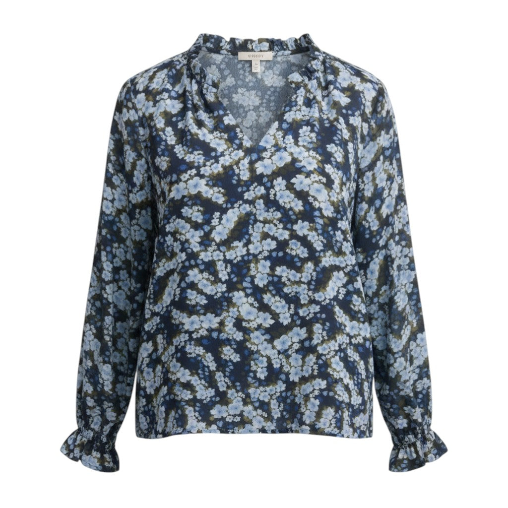 Midnight Meadow Ruffle-Neck Top (Navy/Blue Floral)