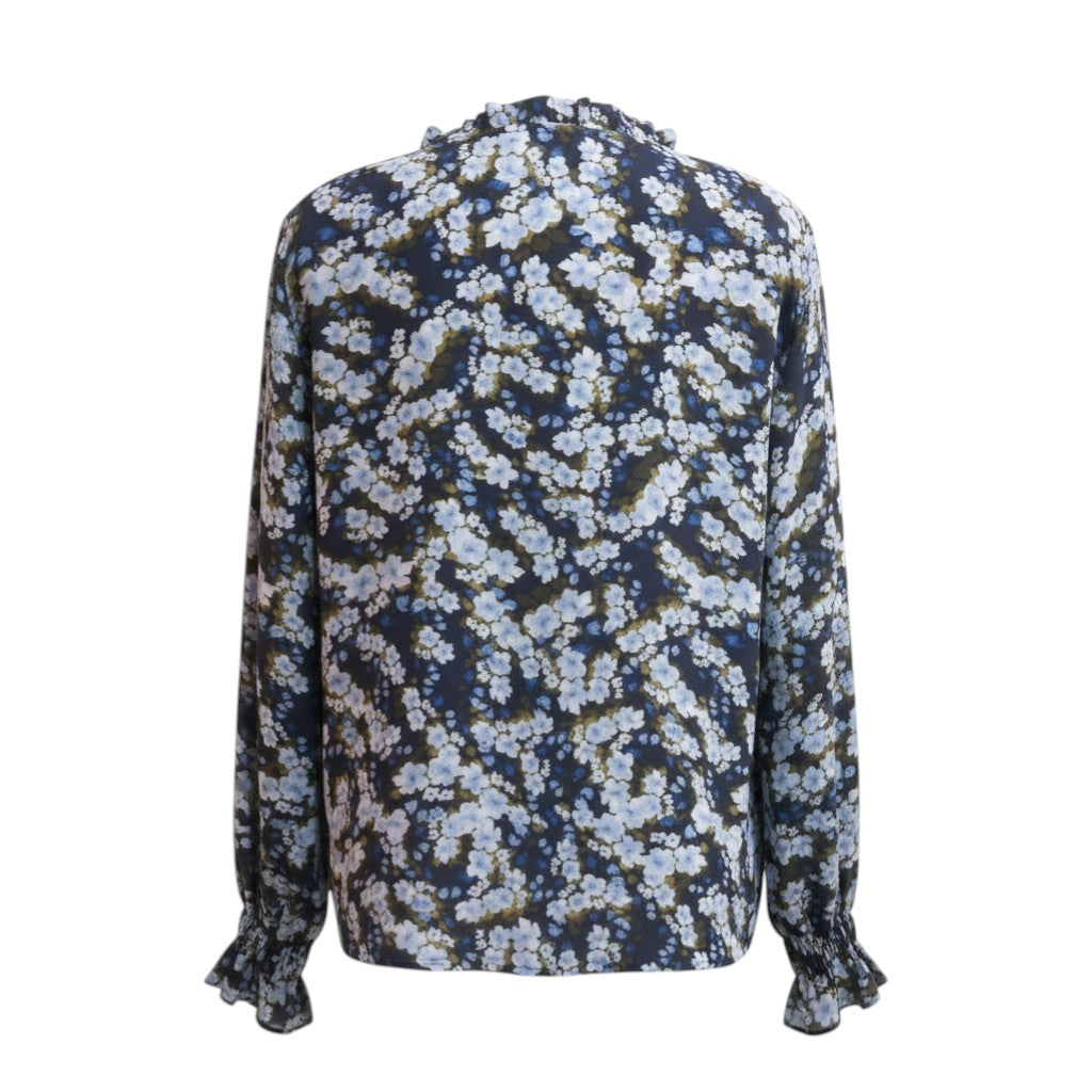 Midnight Meadow Ruffle-Neck Top (Navy/Blue Floral)