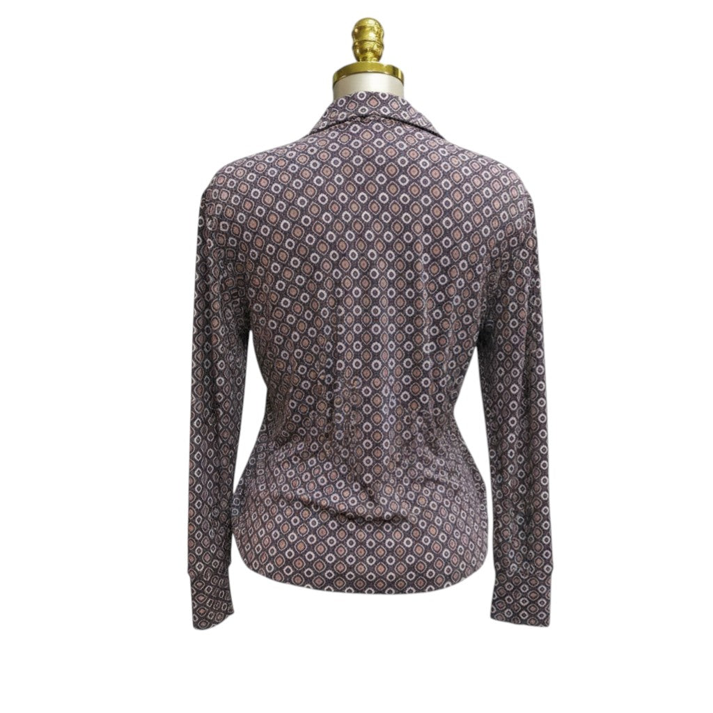 Retro Geometric V-Neck Lycra Top (Earth Tone / Mocha) -� Size M
