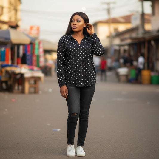 Classic Polka Dot V-Neck Lycra Top (Black & White) — Size XL