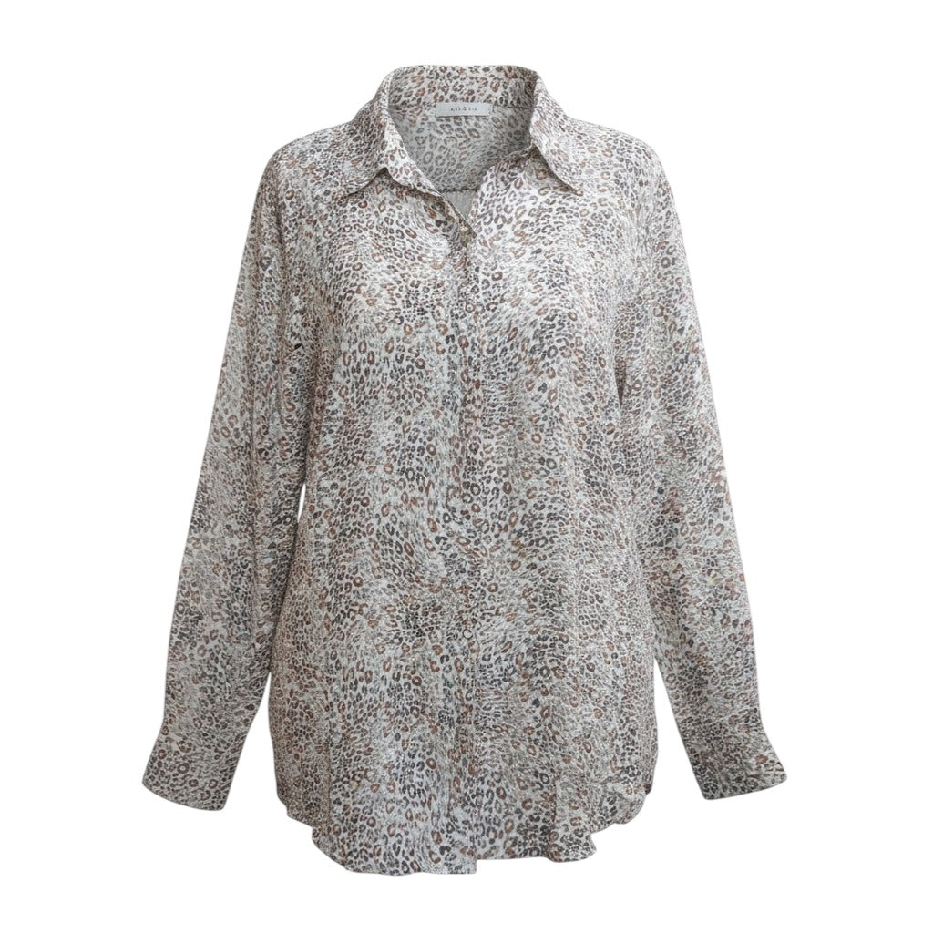 Sahara Leopard Button-Down Chiffon Shirt (Sand/Earth Tones) -� Size XL