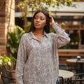 Sahara Leopard Button-Down Chiffon Shirt (Sand/Earth Tones) -� Size XL