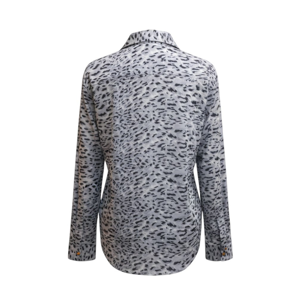 Arctic Leopard Button-Down Chiffon Blouse (Steel Blue/Grey)