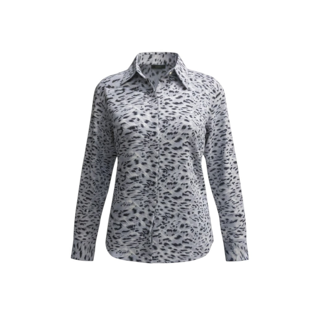 Arctic Leopard Button-Down Chiffon Blouse (Steel Blue/Grey)