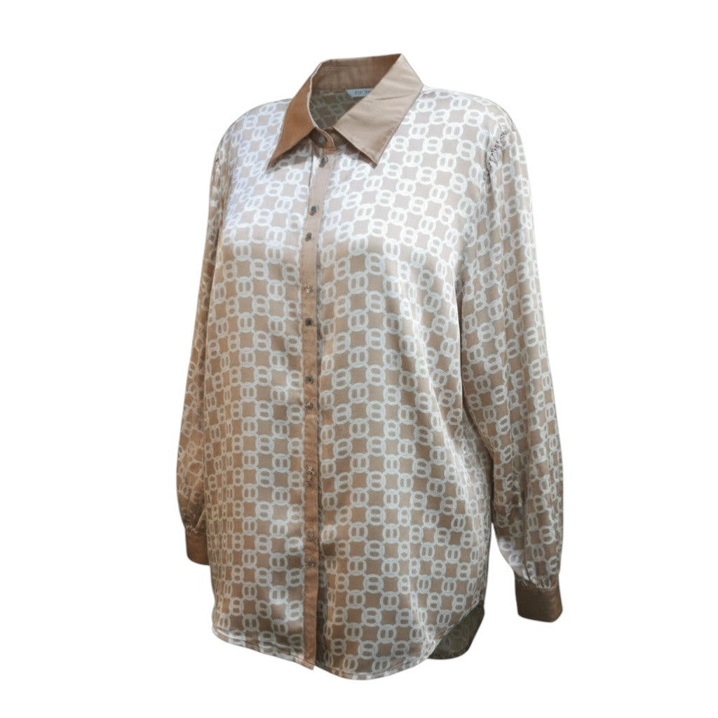 Monogram Chic Button-Down Shirt (Toffee & Cream) -� Size XL