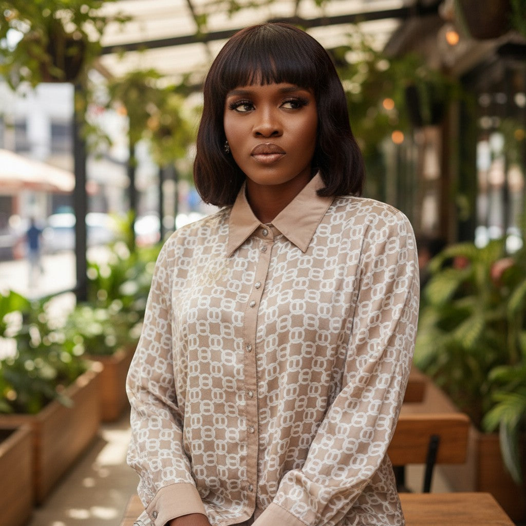 Monogram Chic Button-Down Shirt (Toffee & Cream) -� Size XL