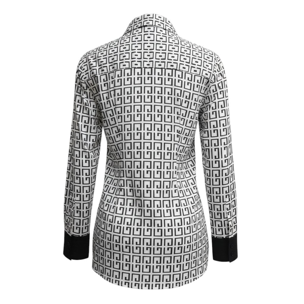 Geometric Maze Longline Satin Shirt (Monochrome Black & White)