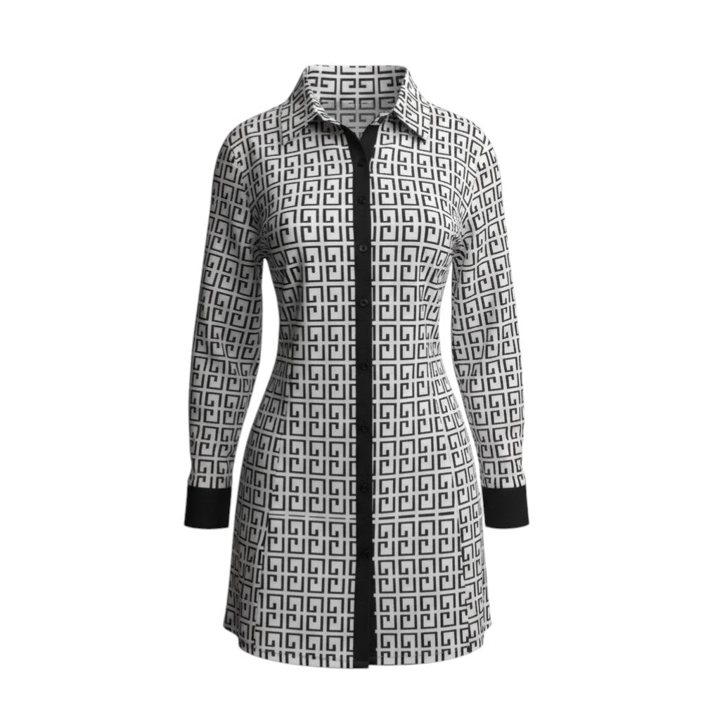 Geometric Maze Longline Satin Shirt (Monochrome Black & White)