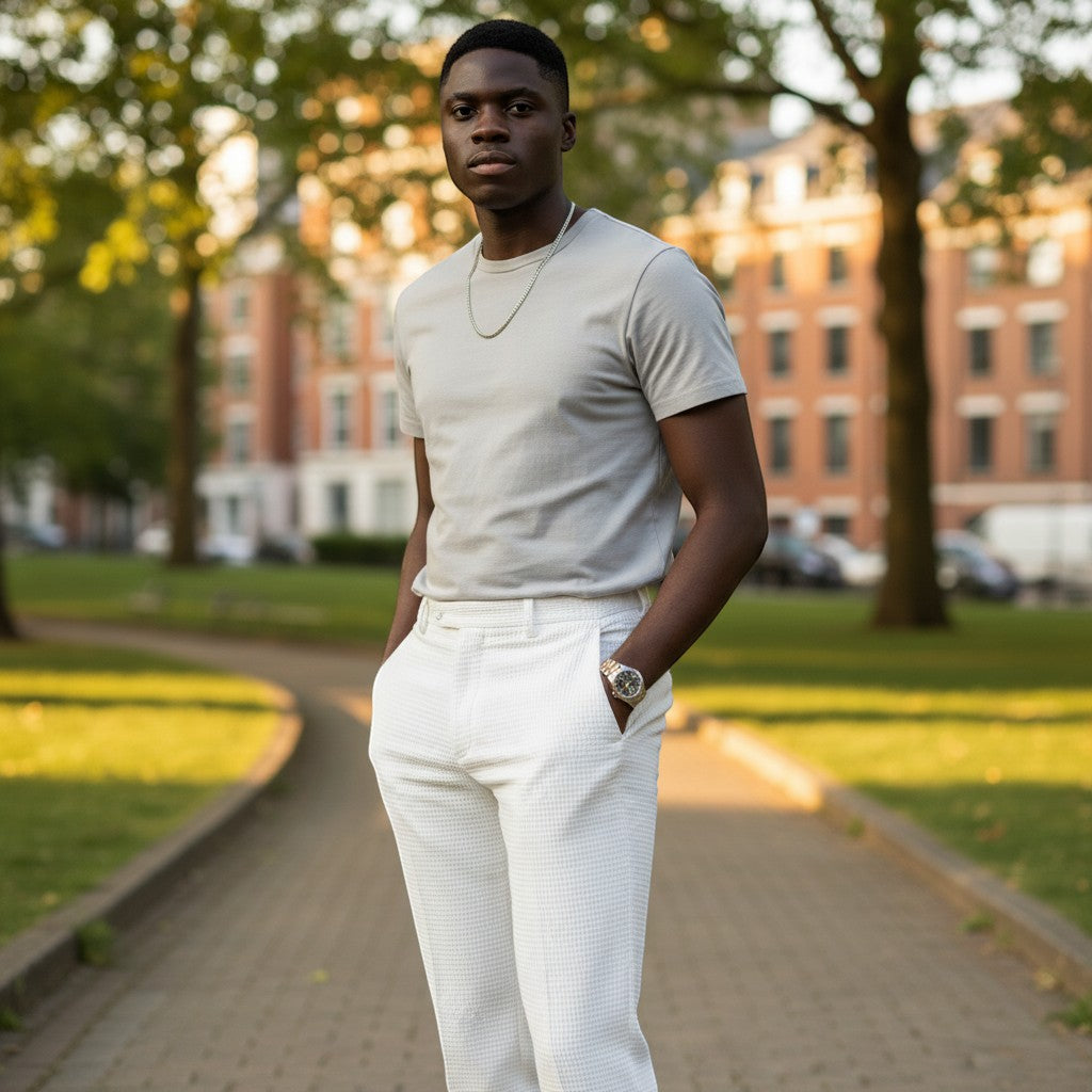 White Honeycomb-Weave Pant Trouser