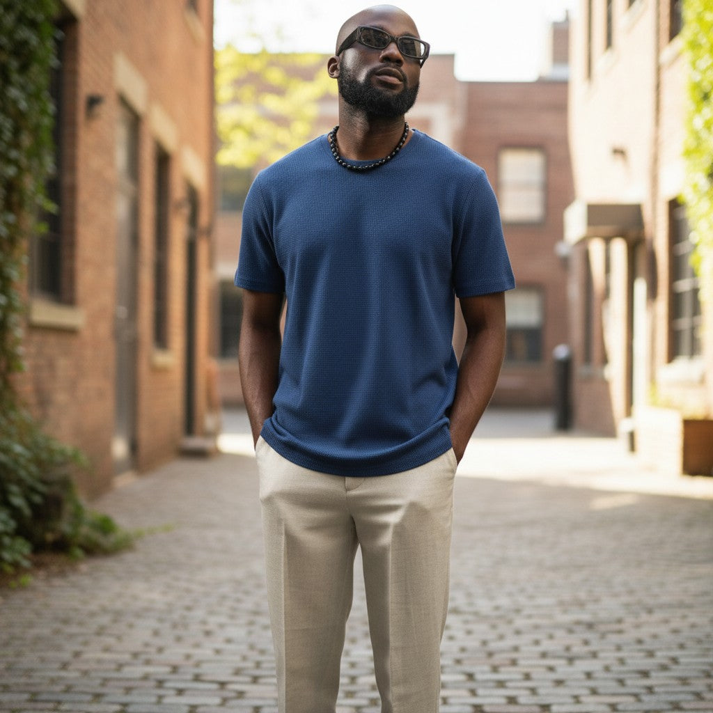 The Indigo Waffle-Knit Essential Tee (L)