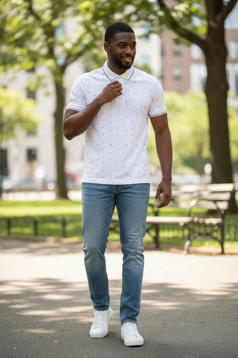 Ivory Geometric Micro-Print Polo Medium Size