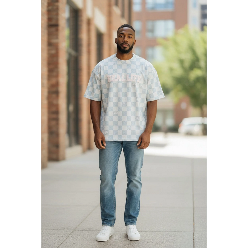 The Sage Checkered "REAL LIFE" Statement Tee (L)