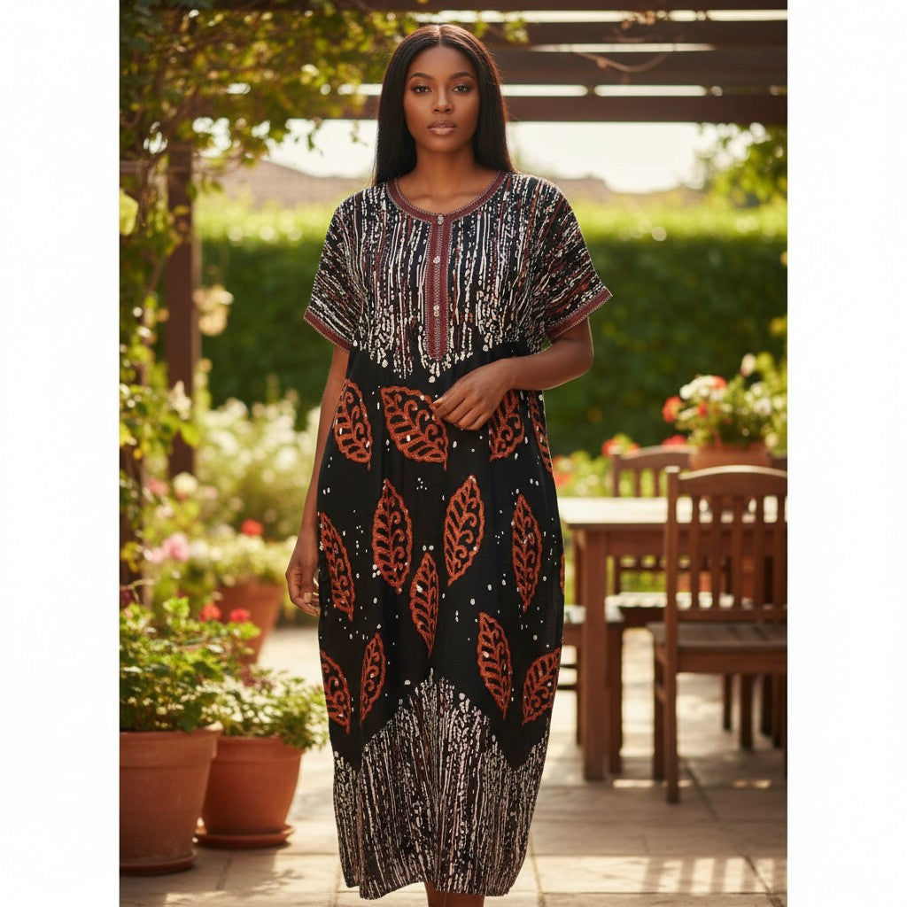 Premium Hand-Dyed Adire Leaf-Print Bubu (Free Size)