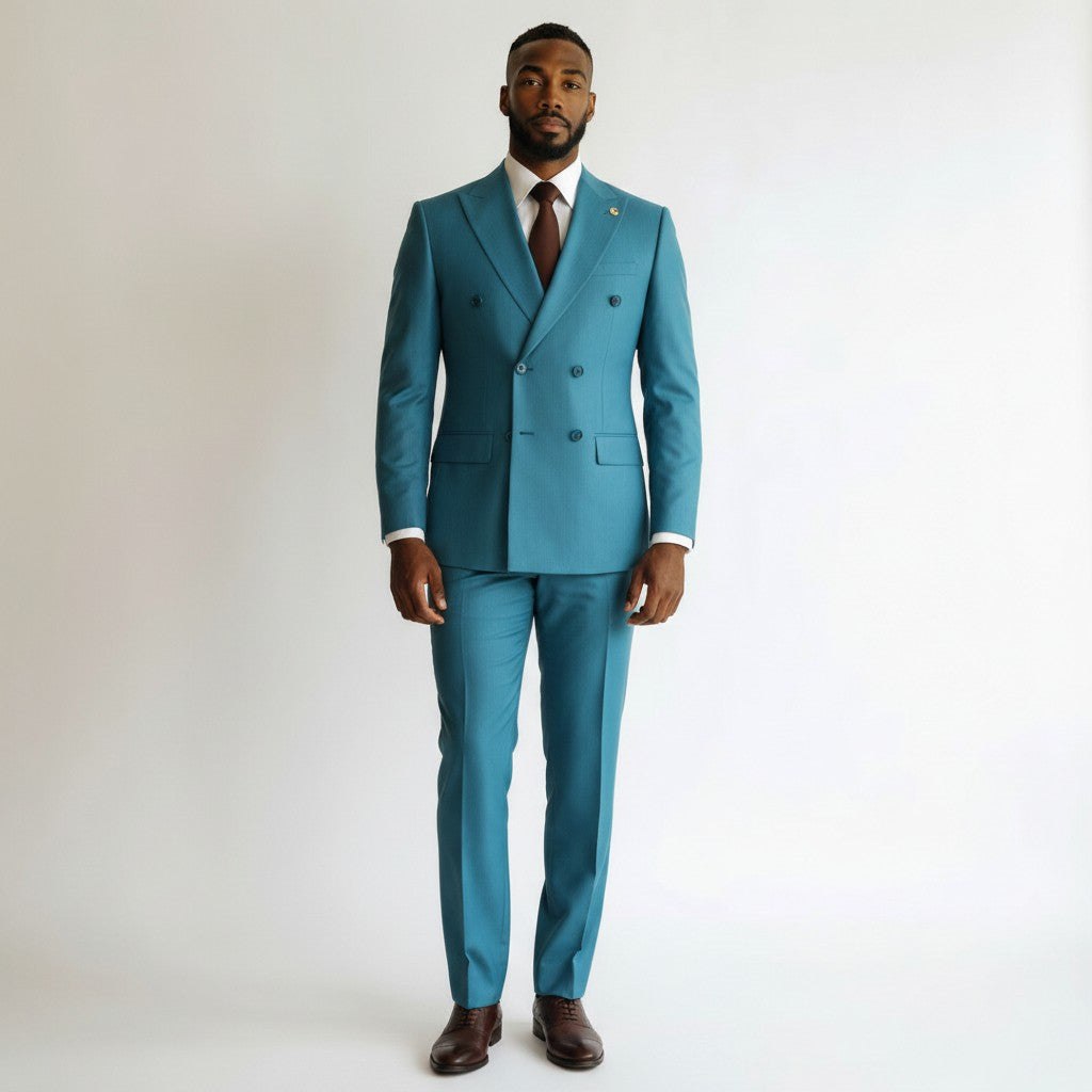 Steel Blue Double-Breasted Peak Lapel Suit