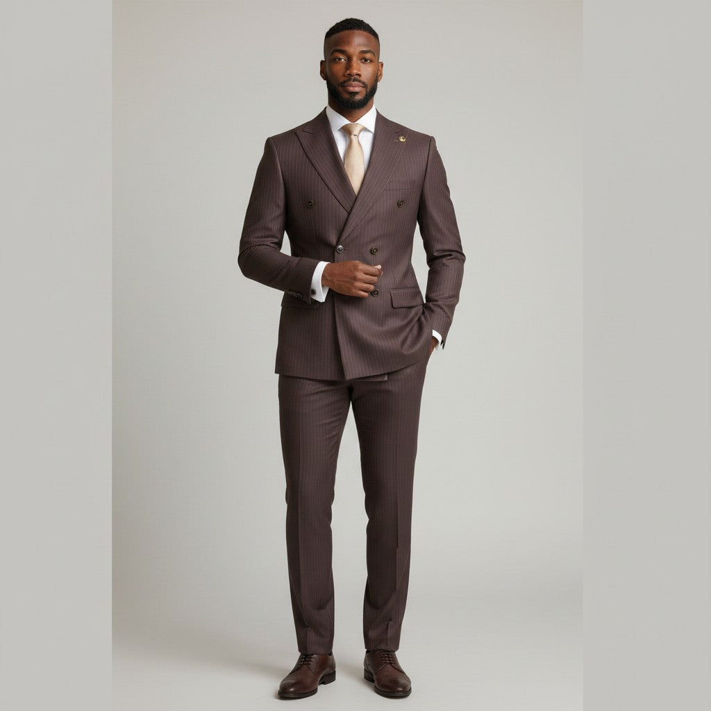 Brown Pinstripe Double-Breasted Peak Lapel Suit