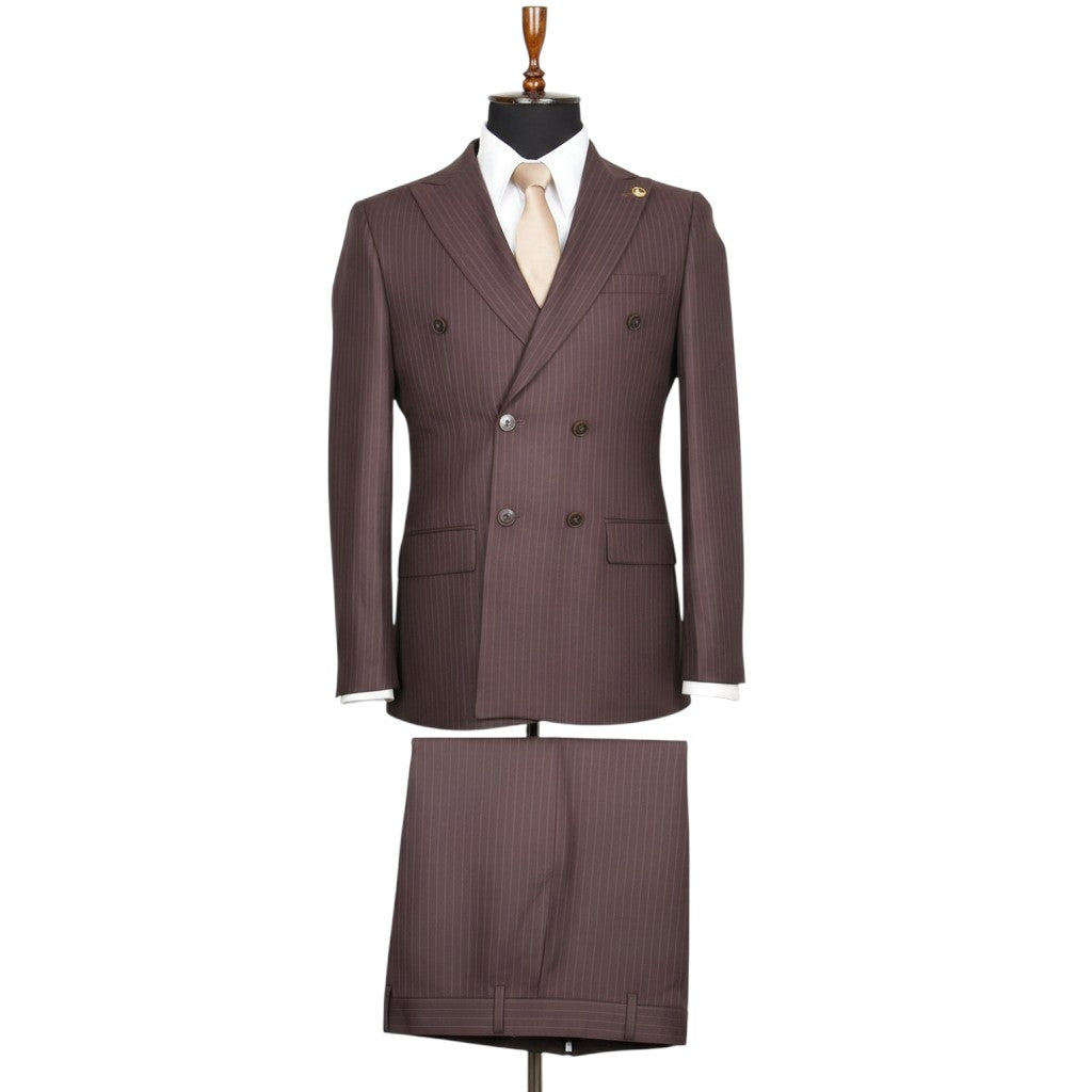 Brown Pinstripe Double-Breasted Peak Lapel Suit