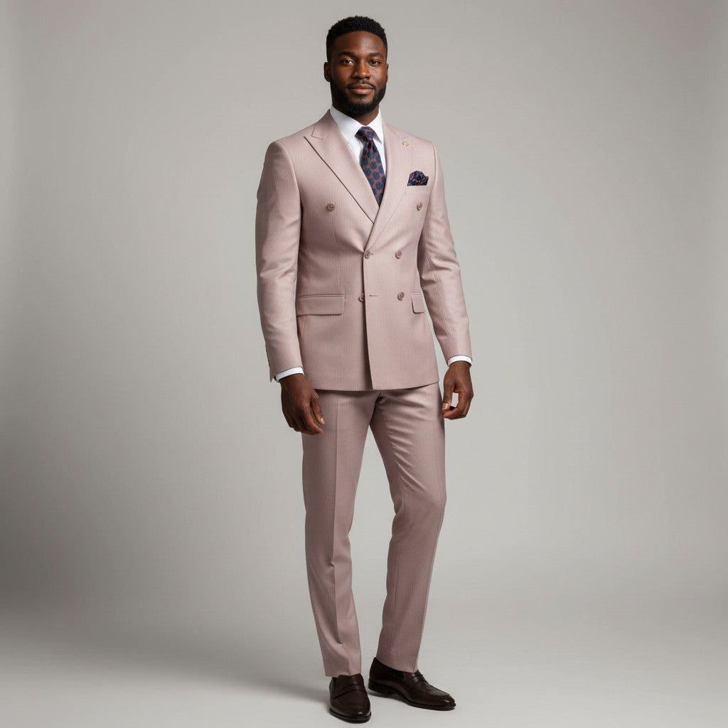 Beige Pinstripe Double-Breasted Peak Lapel Suit