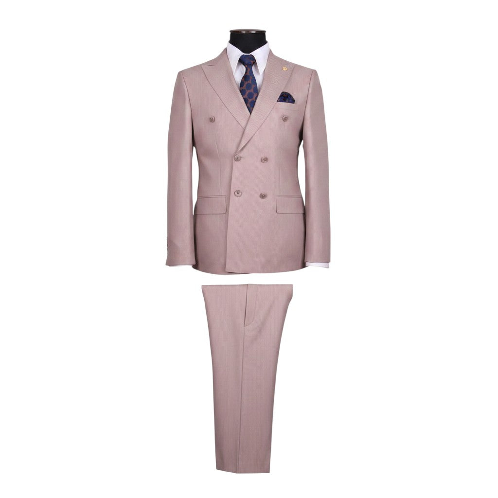 Beige Pinstripe Double-Breasted Peak Lapel Suit