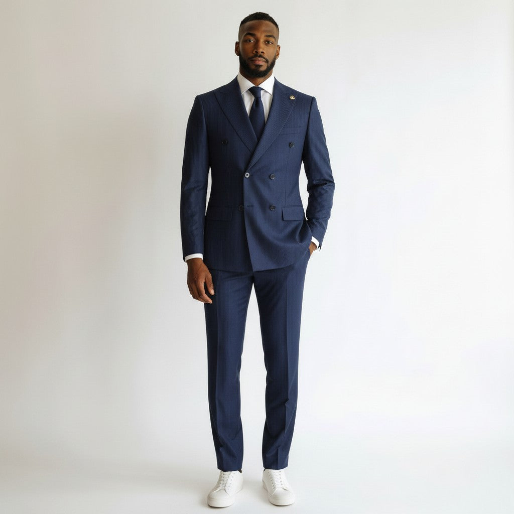 Navy Blue Pinstripe Double-Breasted Peak Lapel Suit
