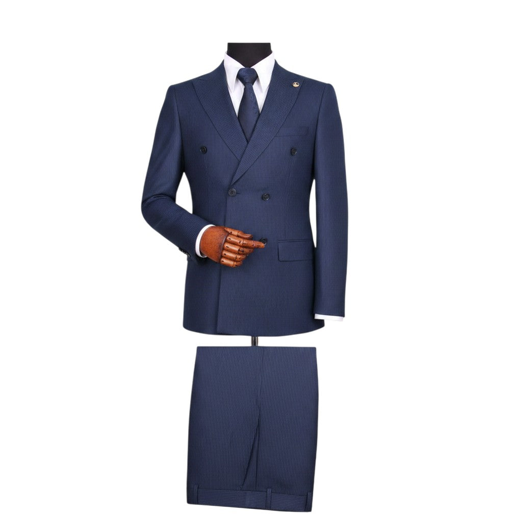 Navy Blue Pinstripe Double-Breasted Peak Lapel Suit