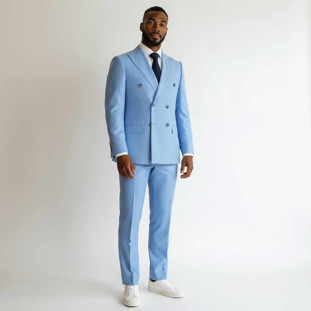 Sky Blue Pinstripe Double-Breasted Peak Lapel Suit