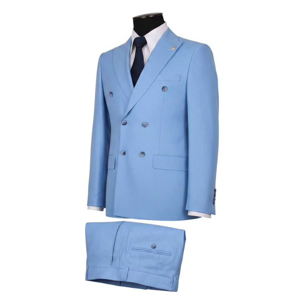 Sky Blue Pinstripe Double-Breasted Peak Lapel Suit