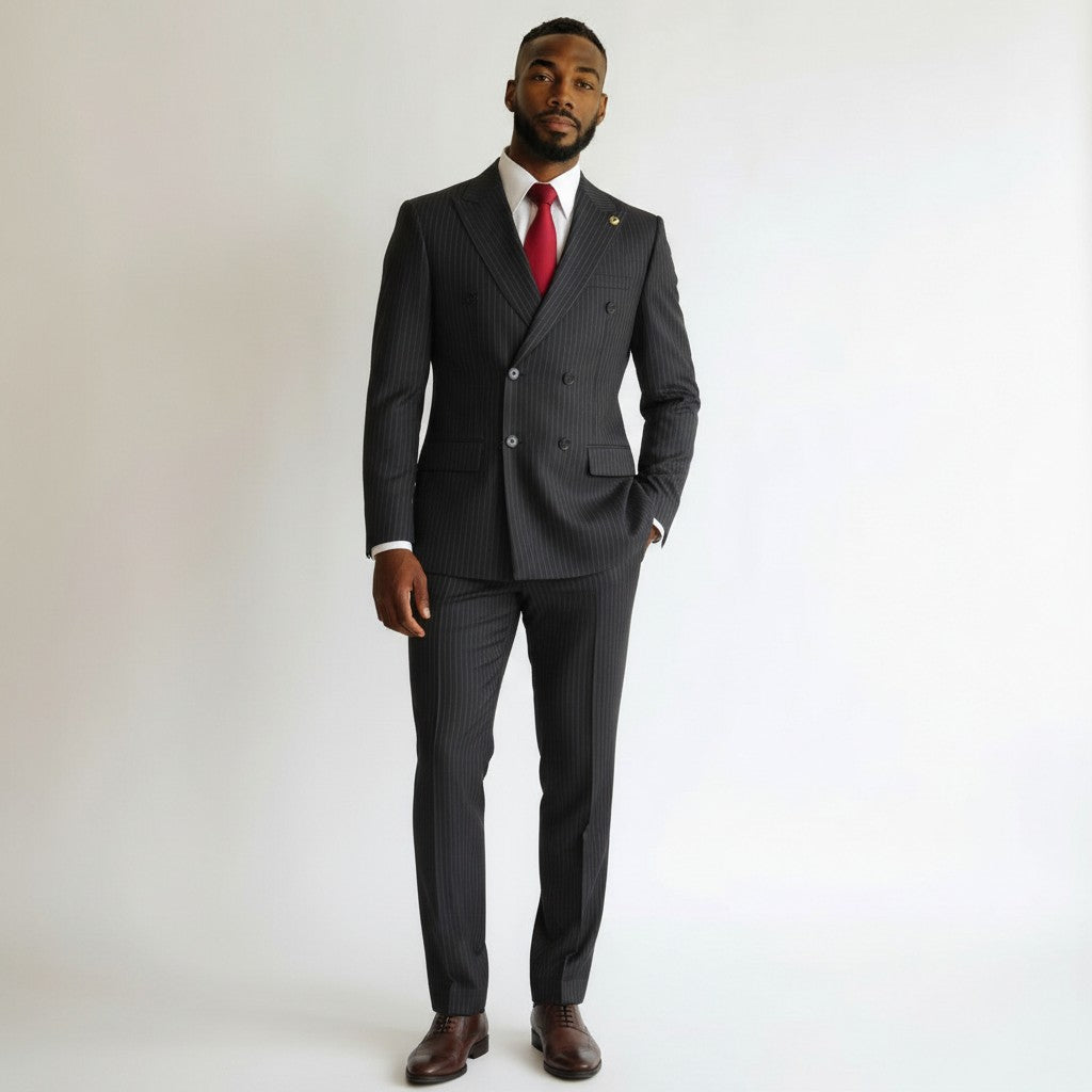 Charcoal black Pinstripe Double-Breasted Peak Lapel Suit
