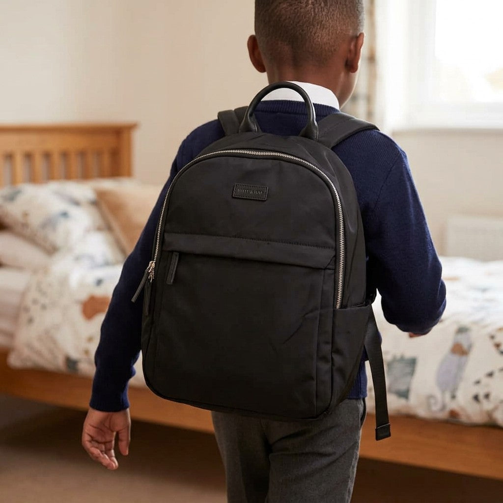 Black Nylon Dual-Zip Structured Backpack
