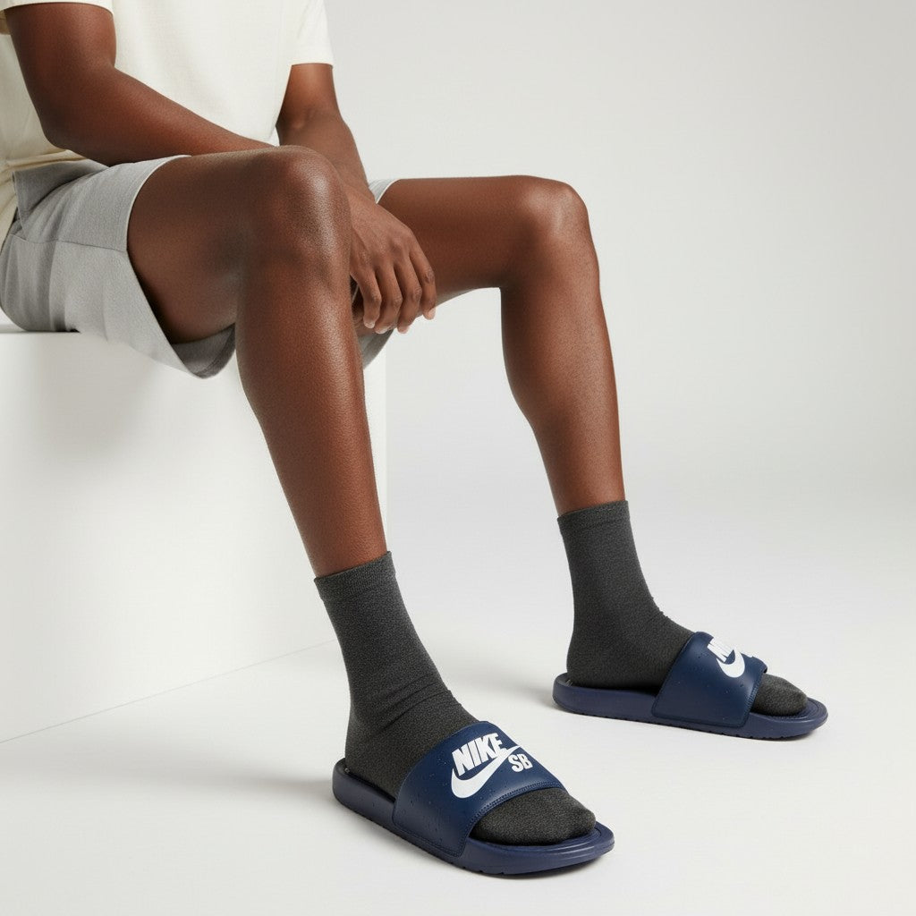 Navy Blue Slide Logo Strap Ribbed Men's Slides