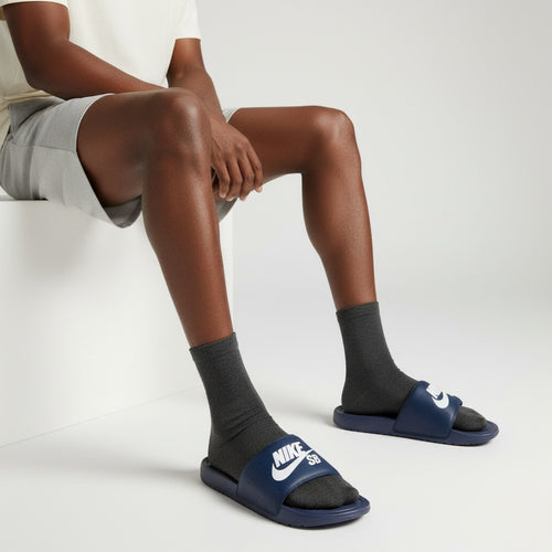 Navy Blue Slide Logo Strap Ribbed Men's Slides