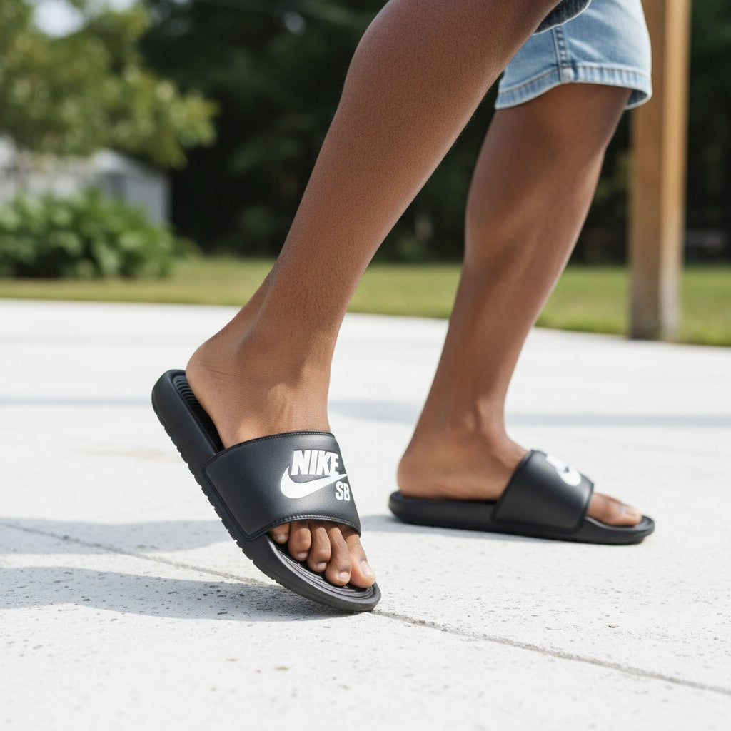 All-Black Logo Strap Ribbed Men's Slides