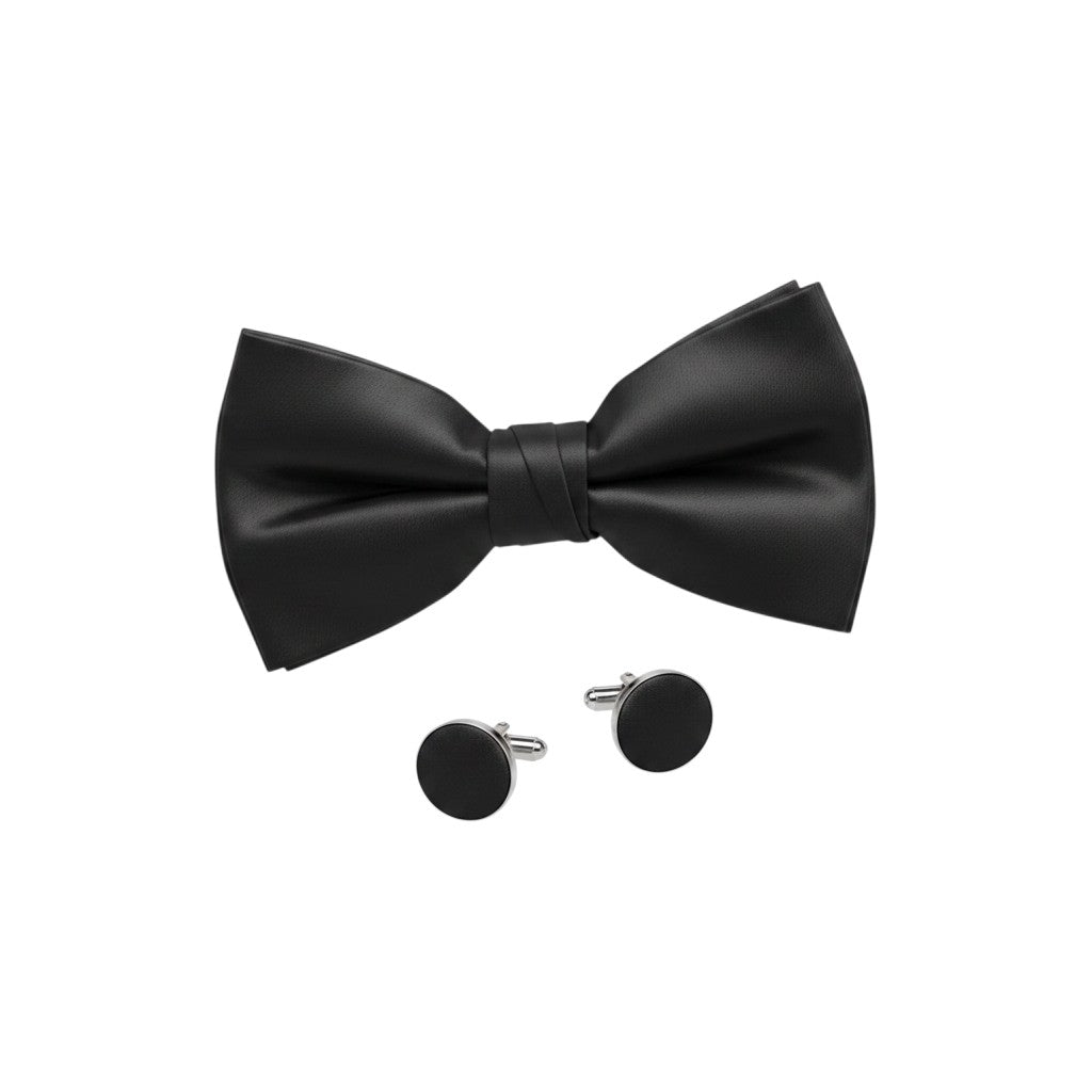 Solid Black Satin Bow Tie & Cufflinks Gift Set