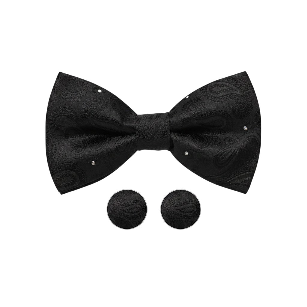 Black Paisley Crystal Bow Tie & Cufflinks Gift Set