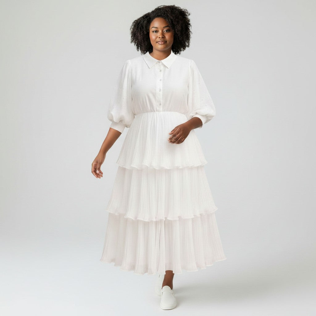 Tiered Ruffle Puff-Sleeve Midi Dress
