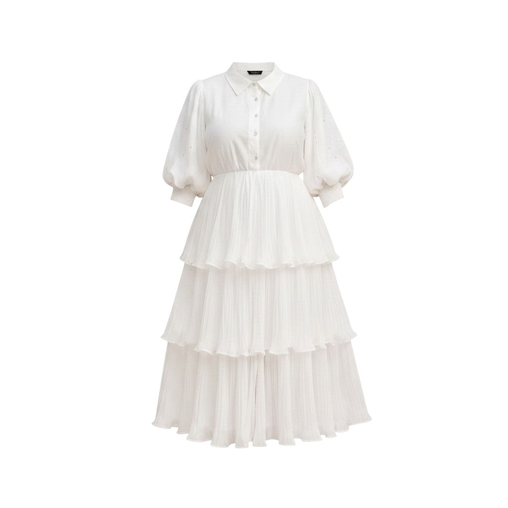 Tiered Ruffle Puff-Sleeve Midi Dress