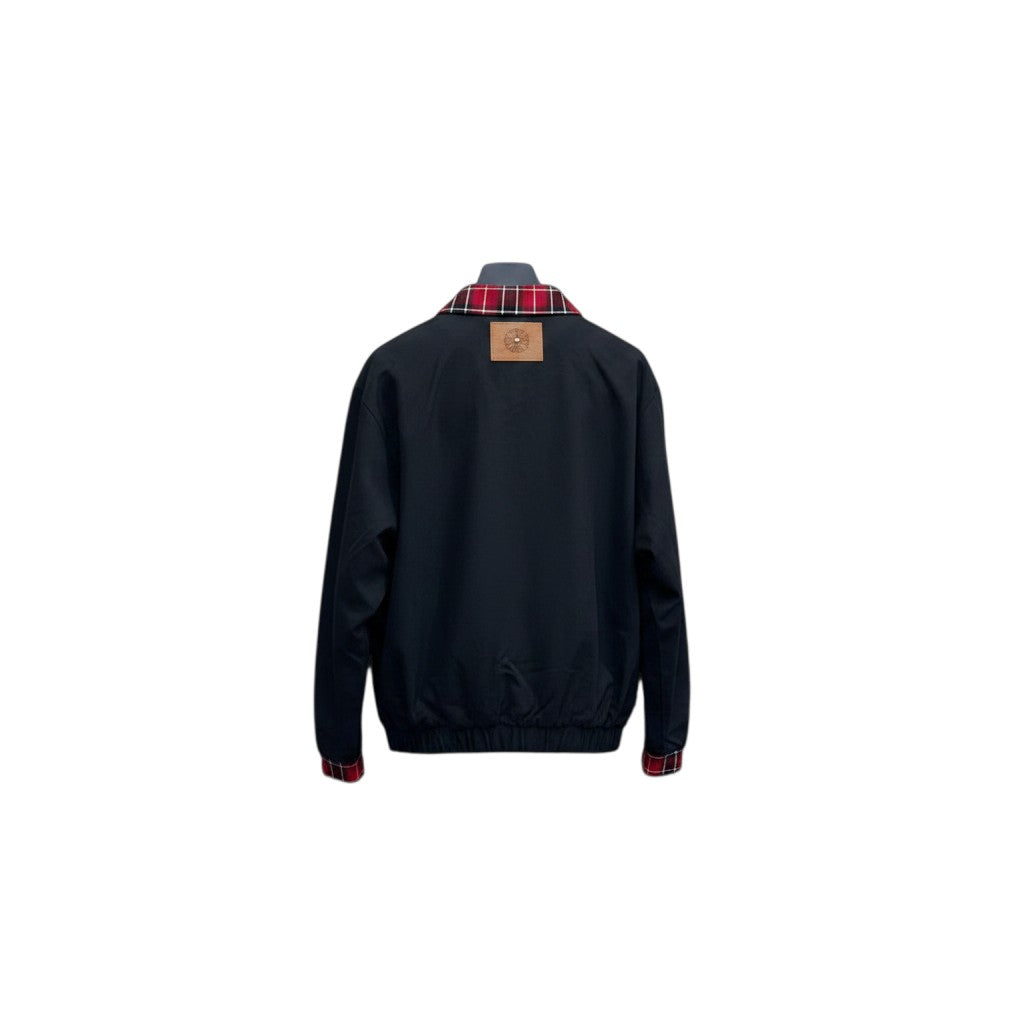 Black Tartan Collar Cross Emblem Oversized Jacket
