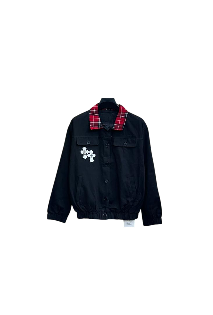 Black Tartan Collar Cross Emblem Oversized Jacket