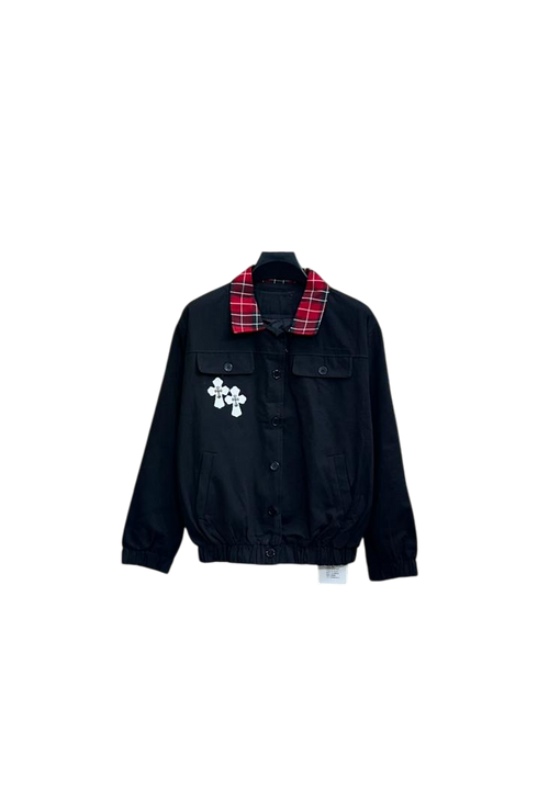 Black Tartan Collar Cross Emblem Oversized Jacket