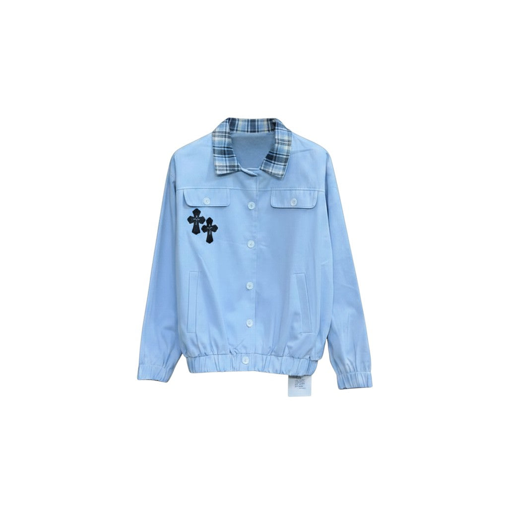Sky Blue Plaid Collar Cross Emblem Bomber Jacket