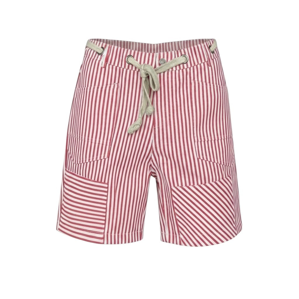 Red & White Striped Patchwork Drawstring Shorts