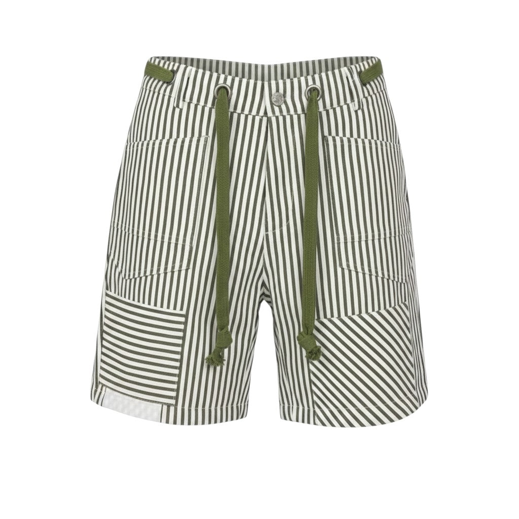 Olive Green & White Striped Patchwork Drawstring Shorts