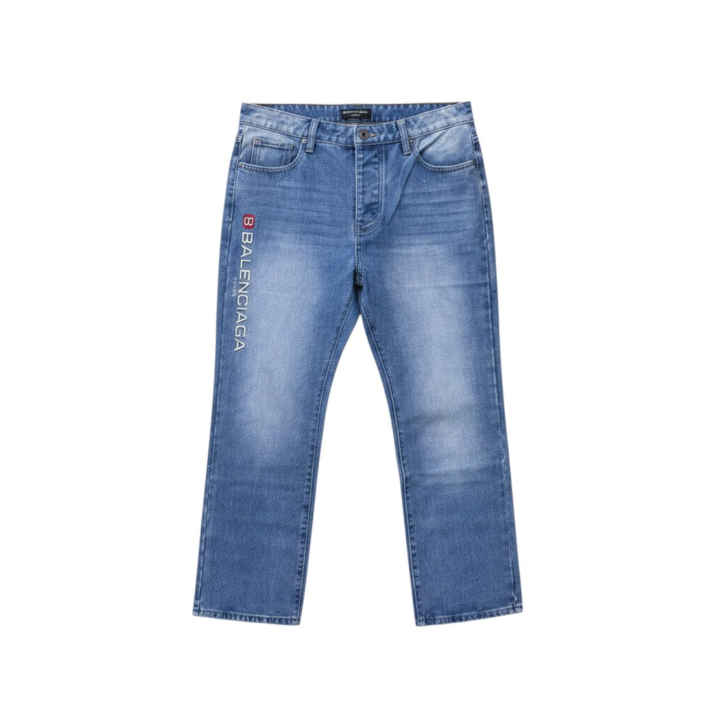 Light Blue Washed Straight-Leg Logo Embroidered Jeans