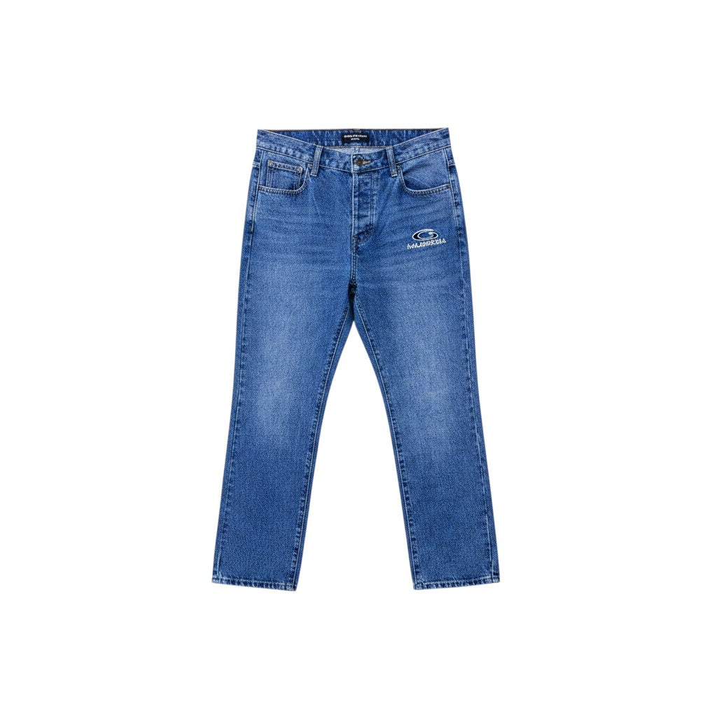 Blue Washed Straight-Leg Oval Logo Embroidered Jeans