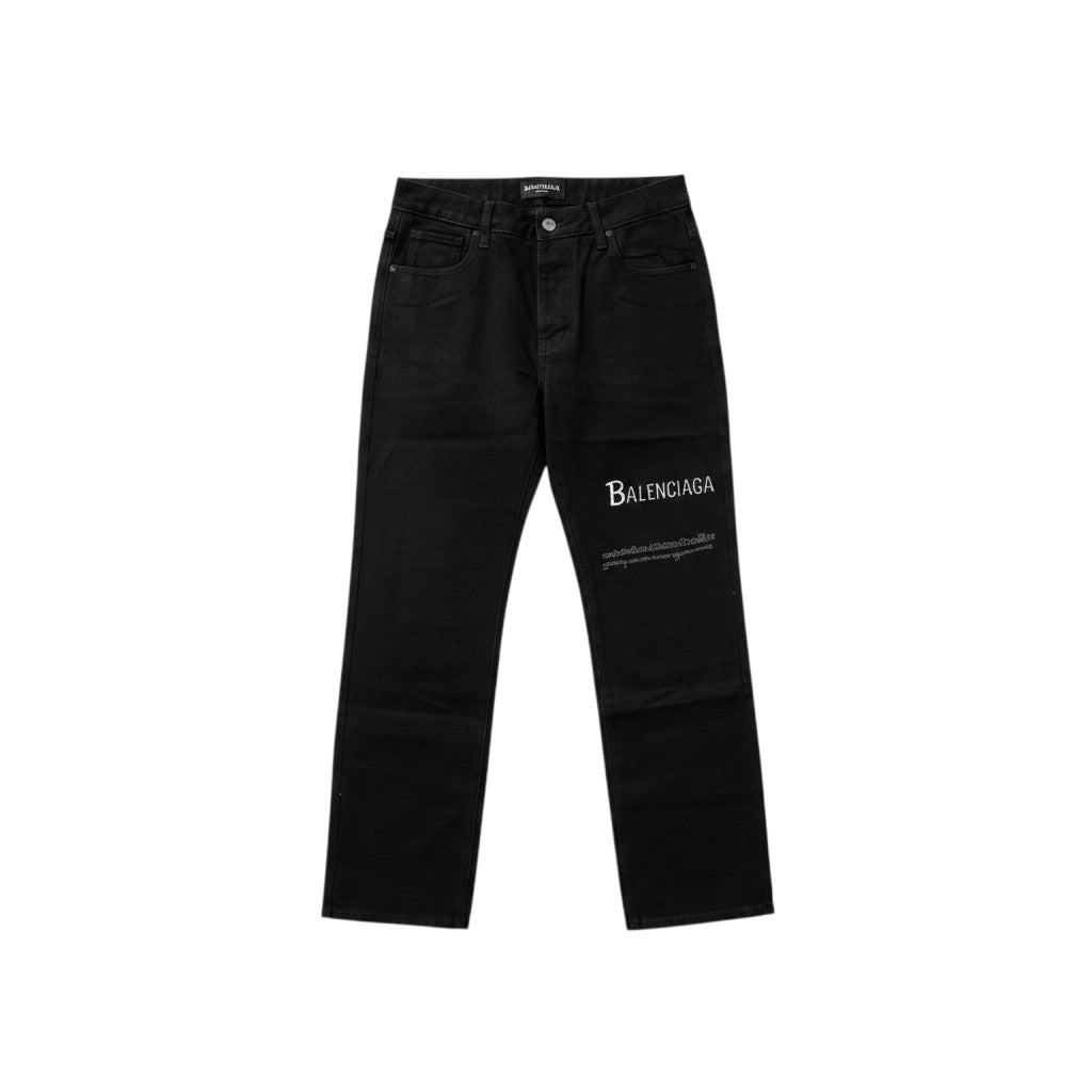 Black Straight-Leg Logo Text Print Jeans
