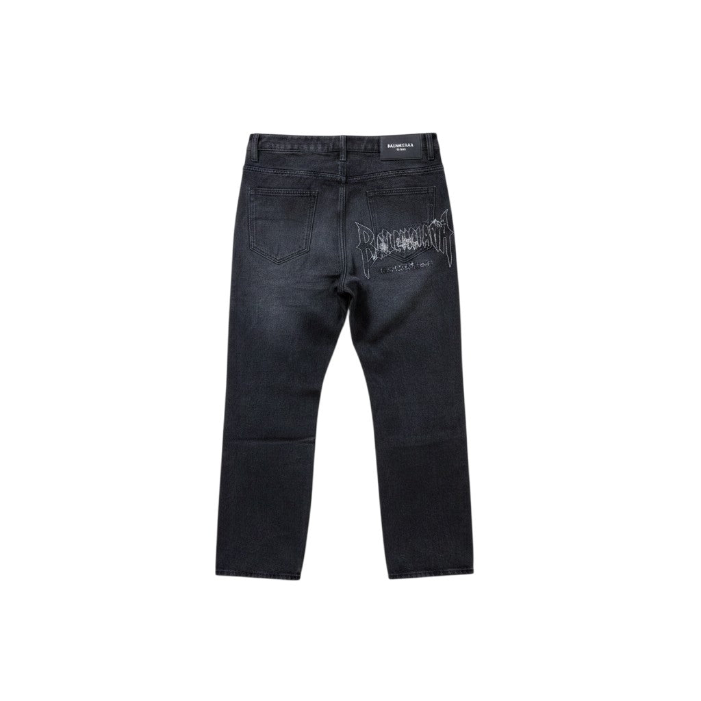 Charcoal Grey Washed Straight-Leg Gothic Logo Embroidered Jeans