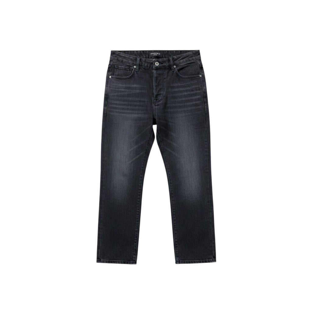 Charcoal Grey Washed Straight-Leg Gothic Logo Embroidered Jeans