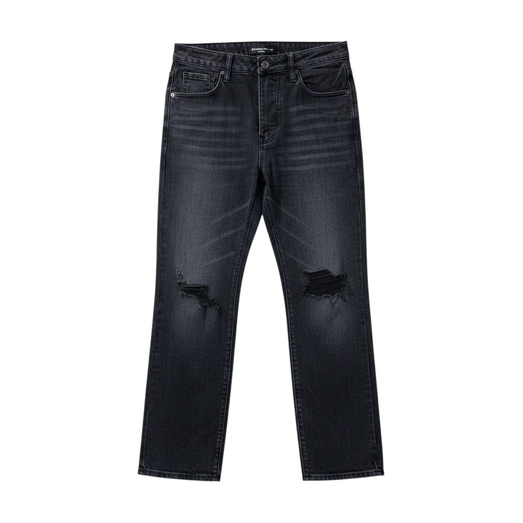 Dark Grey Washed Straight-Leg Distressed Dual Knee Rip Logo Patch Jeans