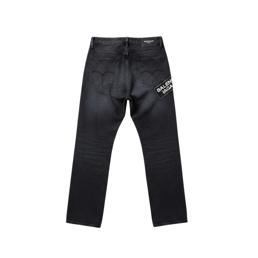 Dark Grey Washed Straight-Leg Distressed Dual Knee Rip Logo Patch Jeans