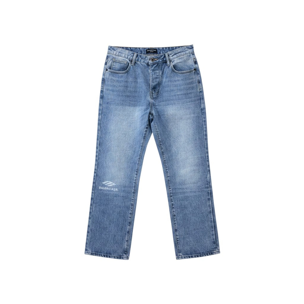 Light Blue Washed Straight-Leg Tonal Logo Embroidered Jeans